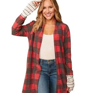 Buffalo Plaid Stripe Cuff Cardigan